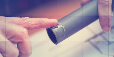 Plumber putting glue on a pvc pipe, geometric patternの写真素材