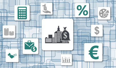 Concept of investment with icons on squaresの写真素材