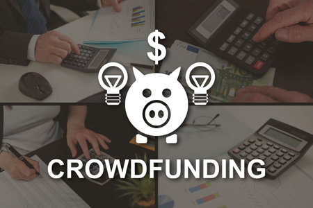 Crowdfunding concept illustrated by pictures on background