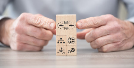 Wooden blocks with symbol of connected cars conceptの写真素材