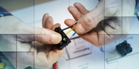 Electrician hands connecting wires in terminal block, geometric pattern