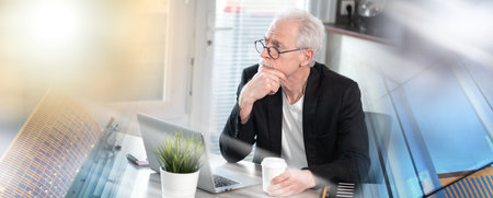 Portrait of thoughtful senior businessman with hand on chin; multiple exposureの写真素材