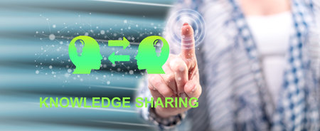 Woman touching a knowledge sharing concept on a touch screen with her finger