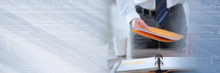 Businessman holding folder with paper documents; panoramic banner