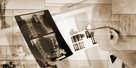 Doctor looking at a x-ray radiography in medical office, geometric patternの写真素材