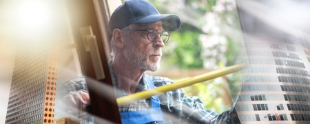 Senior repairman taking measures with tape measure; multiple exposure