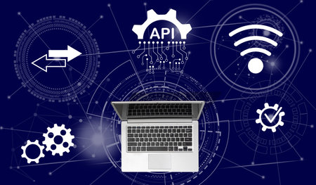 Top view of laptop with symbol of api conceptの写真素材