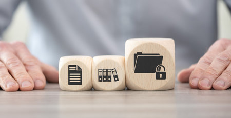 Wooden blocks with symbol of data protection conceptの写真素材