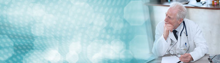 Portrait of thoughtful doctor in medical office; panoramic bannerの写真素材