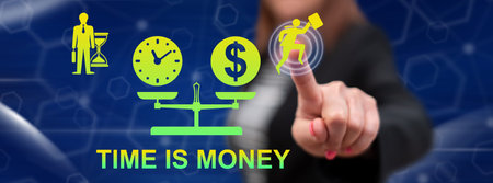 Woman touching a time is money concept on a touch screen with her finger