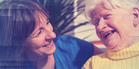 Portrait of happy grandmother with her daughter in visit, geometric patternの写真素材