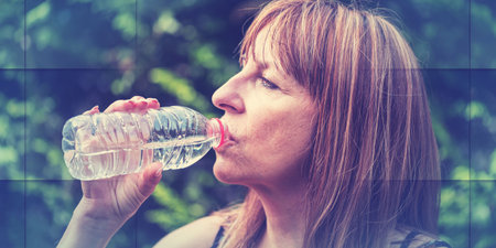 Mature woman drinking water from bottle, geometric patternの写真素材