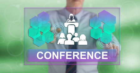 Man touching a conference concept on a touch screen with his fingersの写真素材