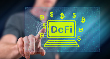 Man touching a challenge concept on a touch screen with his fingerの写真素材