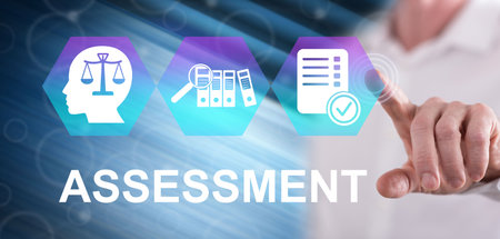 Man touching an assessment concept on a touch screen with his fingerの写真素材