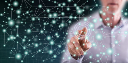 Man touching a virtual network on a touch screen with his finger