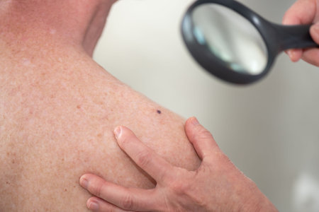 Dermatologist examining skin of patient shoulder with magnifying glassの写真素材