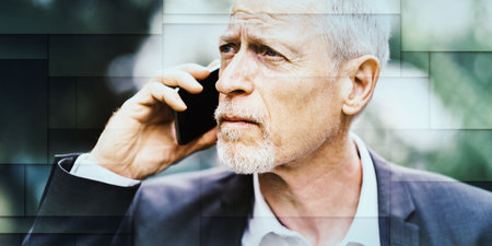 Mature man talking on mobile phone outdoors, geometric patternの写真素材