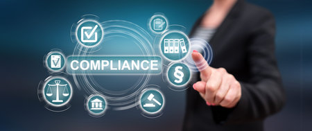 Woman touching a compliance concept on a touch screen with her fingerの写真素材