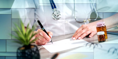 Female doctor writing prescription in medical office, geometric patternの写真素材