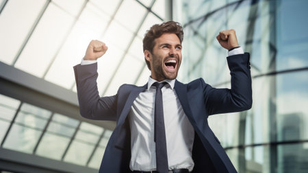 Excited businessman in suit celebrating success with arms raised in front of office buildingの素材