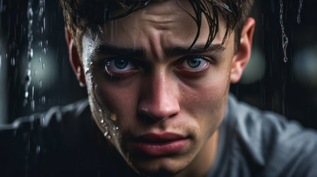 Portrait of a young man with an expressive face. Concept of determination and concentrationの素材