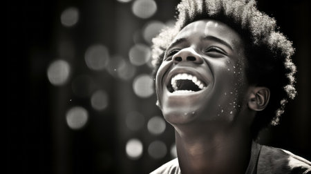 Portrait of a young African American man laughing against bokeh background. Noir et blancの素材