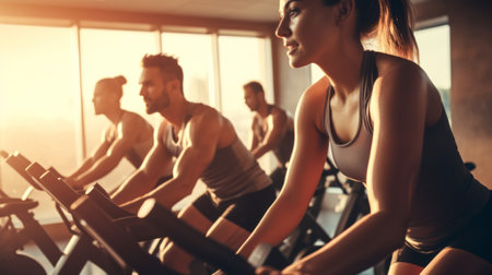 Group of people training in gym. They are exercising on exercise bikes.の素材