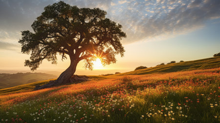 Beautiful lonely oak tree on the meadow with colorful flowers at sunsetの素材