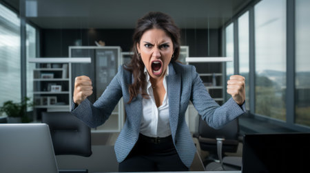 Angry businesswoman shouting at computer monitor in office. Frustrated businesswoman in formal suit screaming and clenching fists in anger. Stress conceptの素材