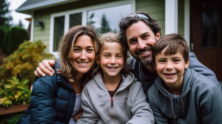 Portrait of smiling parents with children in front of their new houseの素材