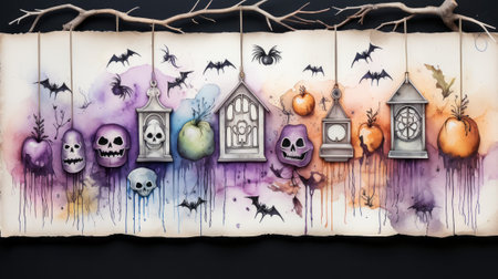 Halloween background with pumpkins, bats, spiders, ghosts and other elementsの素材