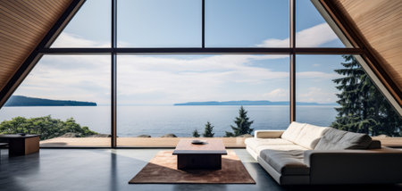 Interior of modern house, living room with sea view from a large windowの素材