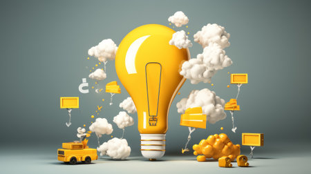 3d rendering of yellow lightbulb with clouds on gray background. Concept of creativityの素材