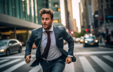 Businessman running fast in a city streetの素材