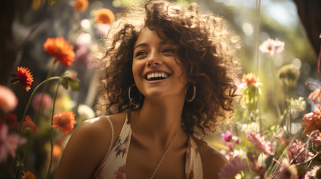 Portrait of a beautiful young woman with afro hairstyle and flowersの素材
