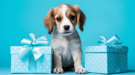 Cute puppy with gift boxes on blue background. Studio shot.の素材