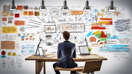 Back view of businessman sitting at table and looking at business sketches on wall. Concept of ideas and innovationの素材