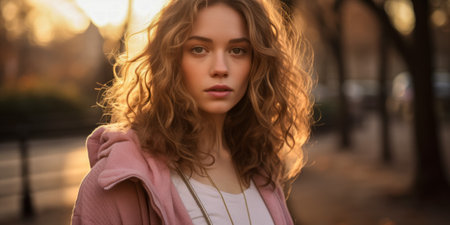 Portrait of beautiful young woman with curly hair looking at cameraの素材