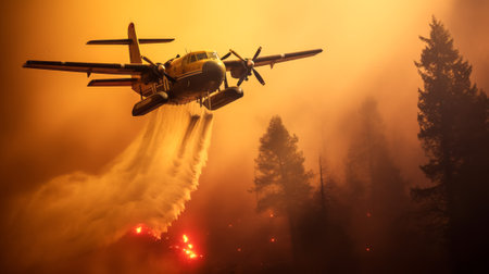Firefighting aircraft extinguishing a forest fire by dumping water on a burning pine forestの素材