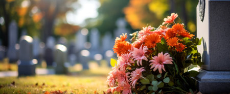Close up of colorful flowers on a gravestone at a cemetery. All Saints' Day conceptの素材