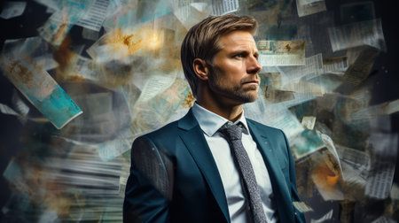 Serious handsome businessman deep in thought with falling paper notes around him. Concept of inspiration on innovative ideasの素材