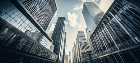 Low angle view of skyscrapers in business cityの素材