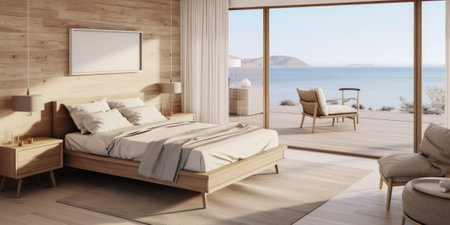 Interior of modern bedroom with sea view, wooden walls, panoramic windows and wooden floor. 3d renderingの素材