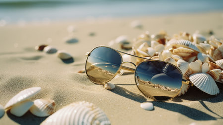Sunglasses and seashells on sand beach. Selective focus. Concept of summer holidayの素材
