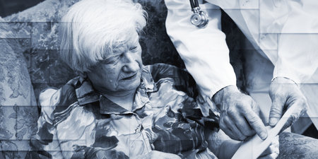 Doctor explaining a prescription to an old woman at home, geometric patternの写真素材