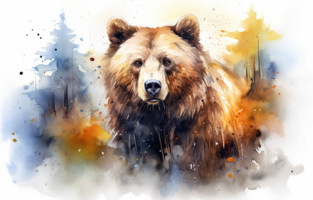 Watercolor illustration of a brown bear in the autumn forest.の素材