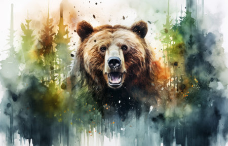 Beautiful brown bear head with colorful splashes of ink.の素材