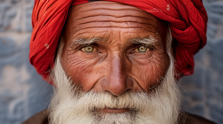 Portrait of a sad old man with white beard and red turban looking at cameraの素材