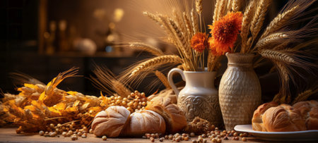 Still life with bread and wheat ears on the table in the kitchenの素材
